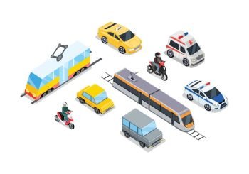 Public Transportation. Traffic Items Collection.. Public transportation. Traffic items collection. Car moto bus taxi ambulance safari off road moto train police car. City service transport icons. Part of series of city isometric. Vector illustration