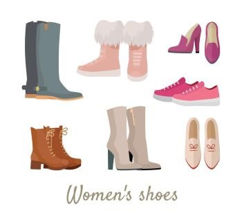 Set of woman s shoes. Flat design vector. Collection of leather colored shoes, sneakers, moccasins, boots illustrations. Wear for all seasons. For shoes store ad, fashion concepts. On white background. Set of Woman s Shoes Vectors in Flat Design. Set of Woman s Shoes Vectors in Flat Design