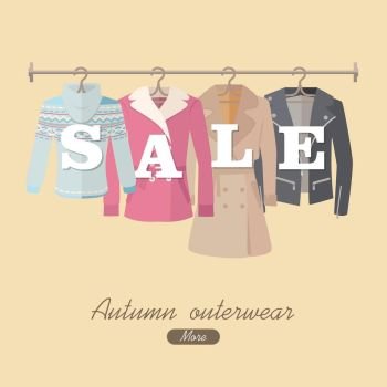 Autumn sale vector web banner. Flat design. Women s jacket, coat, cloak, sweater hanging on the hangers. Seasonal discounts in clothing store concept. For boutique promotions landing page design . Autumn Sale Vector Concept in Flat Design. Autumn Sale Vector Concept in Flat Design