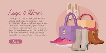 Bags Shoes Flat Design Vector Concept. Bags shoes vector concept. Flat style. Collection of womens footwear and clutches. Ankle and mid boots, sneakers, loafers, leather bags with handles illustrations. Fashion accessories. For store ad
