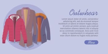Outerwear Web Banner. Winter Collection for Man. Outerwear web banner. Winter collection. Stylish fashionable man coat garment from popular designers. Best world brands trends. New collection of outwear models. For store, boutique ad. Vector