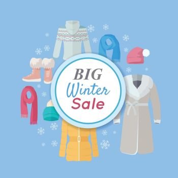 Big winter sales vector concept. Flat design. Warm womens clothes, shoes and accessories for cold season on blue background with snowflakes and sticker with text For store discounts ad design. Seasonal Sale Vector Concept in Flat Design. Seasonal Sale Vector Concept in Flat Design