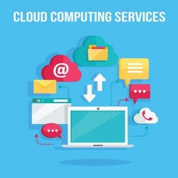 Cloud Computing Services Banner. Cloud computing services banner. Networking communication and data icons near laptop. Data protection, global storage service and online cloud storage, security and privacy, online communication