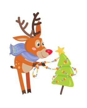 Deer in Blue Scarf Decorate Xmas Tree Isolated. Deer in blue scarf decorating christmas tree isolated. Funny reindeer prepares for the New Year Eve. Cute mammal character decorates fir tree with garland in flat style. Vector design illustration