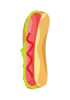 Hot Dog Icon in Flat. Hot dog with sausage, green salad leaves, ketchup and bread isolated on white background. American hot dog sandwich. Illustration of delicious tasty fast food.
