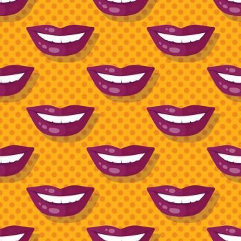 Seamless Pattern Smiling Lips Teeth on Polka Dot. Seamless pattern patch smiling lips with teeth on polka dot background. Parted lips painted with red lipstick and white teeth. Cosmetic wrapping, covers. Fashion patch in cartoon 80s-90s comic style