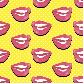 Seamless Pattern Smiling Lips Teeth on Polka Dot. Seamless pattern patch smiling lips with teeth on polka dot background. Lips painted with pink lipstick and white teeth wide open mouth. Cosmetic wrapping. Fashion patch in cartoon 80s-90s comic style