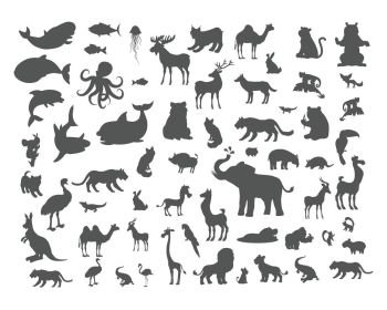 Mammals Birds Fish Reptiles Amphibias Bats Set.. Set of animals silhouettes. Mammals, birds, fish, reptiles, amphibia, bats colection. Fauna of the world concept. Animals of North and South America, Europe, Africa, Asia Australia Vector icons