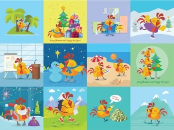 Rooster Bird Adventures Set. Greeting Cards. Rooster bird adventures set. Collection of greeting cards with cock. Chinese calendar zodiac horoscope. Chicken character collection in flat. New year xmas greeting card. Vector illustration