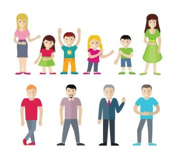 People Characters Vector Illustrations Set. People cartoon characters set. Men, women and boys and girls in casual clothes standing in different poses flat vector illustration isolated on white background. For advertising, infographics, icons. People Characters Vector Illustrations Set