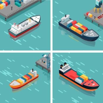 Set of Cargo or Container Ship Unloading Goods. Set of cargo or container ships loading unloading goods in the port. Multi-purpose vessels. Carries equipment, boxes and materials from one port to another. Platform supply feeder vessel. Vector