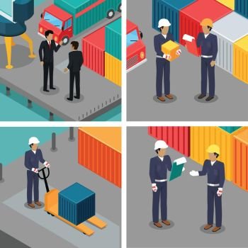 Set of Dock Workers at Warehouse. Vector. Set of dock workers at warehouse. Cargo worker and foreman. Supervisor check container data. Inspector control working process in seaport. Coworkers near cargo containers. Businessmen talking. Vector