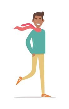 Happy Man Walking Flat Vector Illustration. Happy young man in casual clothes with scarf walking flat vector illustration isolated on white background. Autumn positive mood. For shopping and fashion concepts, icons, logo, advertising design. Happy Man Walking Flat Vector Illustration