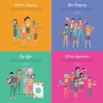 Shopping on Sale Flat Vector Web Banners Set. Shopping with discounts web banners set. Group of smiling men and women standing with goods purchased on sale flat vector illustrations on color backgrounds. For store promotions landing page design