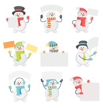 Set of Snowman Cartoons with Blank Message Board. Set of snowman cartoons with blank message board. Funny snowman character in santa hat, scarf, cylinder, warm earmuffs holding cardboard placard flat vector illustration isolated on white background. Set of Snowman Cartoons with Blank Message Board