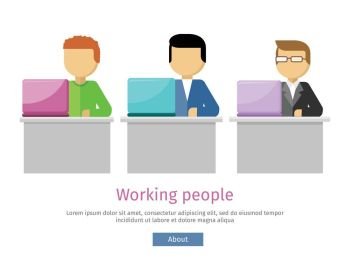Working People Web Banner. Man Works with Laptop. Working people web banner. Man work with laptop and analyze website in flat design style. Developing solution, software development or construction. Search of innovations. Vector illustration