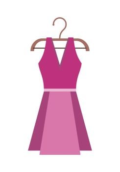 Dress on a Wooden Hanger. Purple female dress on a wooden hanger. Purple female cocktail party dress. Purple summer dress on hanger. Isolated object on white background. Vector illustration.