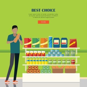 Banner for Supermarkets and Grocery Stores.. Best choice. Banner for supermarkets and grocery stores. Retail shop for buy product on shelf, purchase and department food. Interior hypermarket section marketplace. Vector illustration