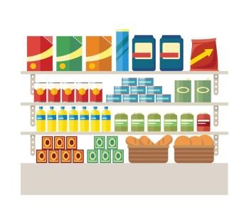 Supermarkets and Grocery Stores. Retail Shop. Supermarkets and grocery stores. Retail shop for buy product on shelf, purchase and department food, sale and cart with variety food, interior hypermarket section marketplace, vector illustration