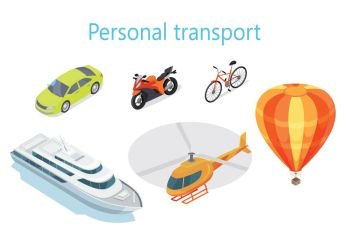 Personal Transport Infographic Statistics of Usage. Personal transport infographic. Boat. Car. Motorcycle. Bicycle. Helicopter. Balloon. Statistics of transport usage. Shown amount of people use each type of transportation. Transport system vector
