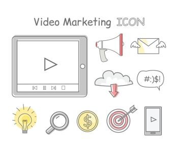 Video Marketing Icons Isolated on White. Video marketing icons isolated on white. Collection of video marketing icons. Items to promote products and services based on video. Online video, internet technology and media social marketing