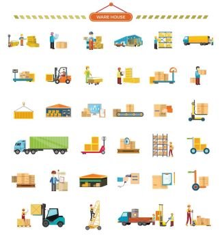 Set of Warehouse Icons in Flat Design. Set of Warehouse icons. Flat design. Warehouse, elevator, container, truck, ladder, conveyor, weight, hangar, package box worker messenger courier pictograms for cargo and delivery services