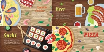 Set of National Dishes Flat Style Vector Banners. National dishes and drinks web banners. Pizza, beer, sushi, sea food horizontal concepts on wooden background. German, Japanese, Italian, Spanish cuisine famous dishes. For restaurants web page design