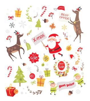 Sale Objects for Creation New Year Greeting Card. Set of objects for creation New Year and Christmas greeting cards. Santa Claus, gift box, fir tree, deer, elves, ball. Sale best offer concept. Big discounts. Elements for design. Vector illustration