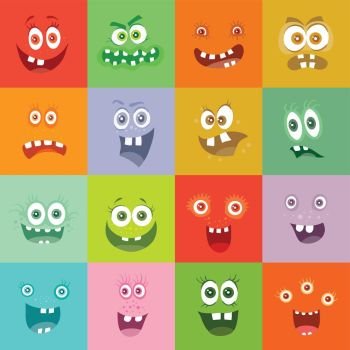 Smiling Monsters Set. Happy Germ Smile Characters. Smiling monsters set. Happy germ smile characters with tooth. Monsters with big eyes and mouths. Vector cartoon funny bacteria illustrations in flat style design. Friendly viruses. Microbe faces
