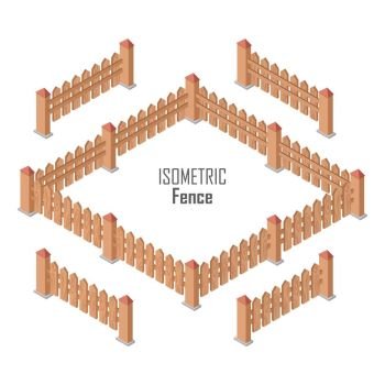 Wooden Fence Vector In Isometric Projection. Wooden farm fence sections with gate from four sides vector illustration in isometric projection isolated on white background. For gaming environment, architecture element, app, web design