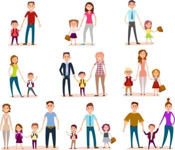 Collection of Parents with Their School Children. Vector set family child education concept. Mothers, fathers and schoolchildren. Pupils, bag, happy smiling faces. Happy chidhood concept. Isolated characters. School life. Generic pedagogy poster.