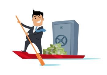 Escape With Money Concept Flat Design Vector. Escape with money concept vector. Flat design. Success. Financial crime, tax evasion, money laundering, political corruption illustration. Smiling man in business suit sailing away on boat with money.