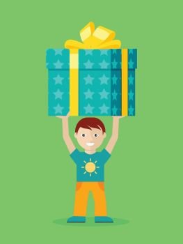 Happy child with presents. Smiling boy character standing with big gift box decorated ribbon and bow flat vectors isolated on green background. Birthday, Mother s Day, Christmas, New Year celebrating. Happy Child with Presents Flat Vector Illustration. Happy Child with Presents Flat Vector Illustration