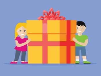 Giving Present Concept Smiling Little Boy and Girl. Giving present concept. Smiling little boy and girl standing with gift box decorated ribbon, bow flat vector illustration isolated. Birthday, valentine, christmas, fathers or mothers day celebrating