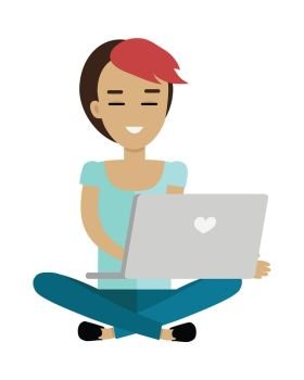 Young Woman Using Her Laptop. Young woman in lotus pose using her grey laptop. Woman in blue shirt and pants sitting with legs crossed. Woman icon. Isolated object in flat design on white background.