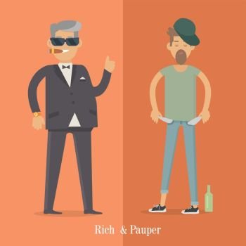Rich and Pauper Men. Social Level. Human Poster. Rich and pauper men. Vector illustration of differences between social levels of population. Successful and unfortunate, luxury and poverty, businessman and pleb. Can be used as social poster, banner.