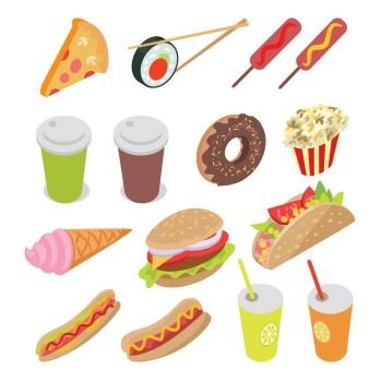 Unhealthy Food and Drinks Set. Vector Illustration. Collection of meal, food and drinks. Vector illustration include pizza, sushi, sausages, tea, coffee, donut, ice-cream, popcorn, cheeseburger, hot dogs juice Demonstration unhealthy food Flat style