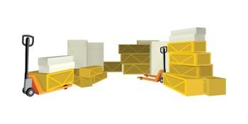 Transportation Oversized and Heavy Goods. Hydraulic trolley jack with heavy boxes with goods. Buying building materials in supermarket with hand pullet truck. Delivering overall goods. Flat design illustration for ad and concepts