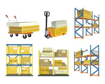 Set of Warehouse Elements. Set of warehouse elements. Warehouse and forklift truck, shelf with cartoon box. Logisti and factory building exterior, business delivery, logistics, storage cargo, delivery and shipping illustration