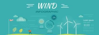 Wind Infographics. Windmills. Meteorology Windsock. Wind infographics. Windmills as resource to generate energy. Meteorology windsock inflated by wind. Man suffers from strong wind. Wind levels, percentage charts. Vector illustration. Hurricane