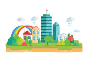 City Landscape in Flat. City landscape with apartment building, business multistory building, cottage house, Trees, grass, bushes and rainbow. Isolated object on white background. Vector illustration.