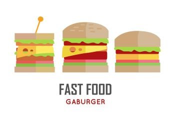 Fast Food Hamburger Vector Concept in Flat Design.. Set of hamburger and sandwich vector illustrations. Flat design. Fast food concept banner for cafe, snack bar, street restaurant ad, menu, logo, web page design. Isolated on white background.. Fast Food Hamburger Vector Concept in Flat Design.