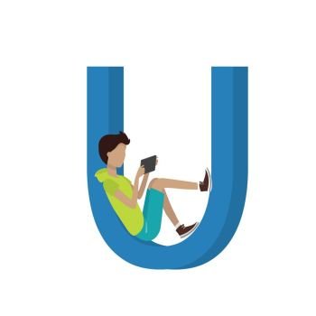 Gadget Alphabet. Letter - U. Gadget alphabet. Letter - U. Boy with tablet sitting in letter. Modern youth with electronic gadgets. Social media network connection. Simple colored letter and people with electronic devices