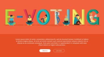 E-voting concept web banner. Flat design. Young people using mobile devices near big colored letters. Digital democracy and online poll. Internet technology for politics. For online voting services   . E-voting Concept Web Banner in Flat Design. E-voting Concept Web Banner in Flat Design