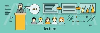 Lecture Concept Vector Illustration In Flat Style. Lecture horizontal vector concept in flat style. Self development, personal qualifying training. Illustration for educational companies, career courses advertising, web page design