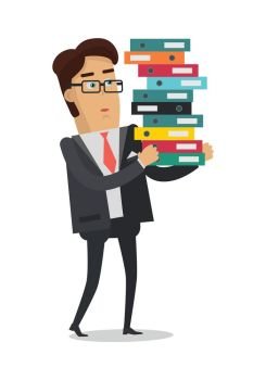 Businessman and Stack of Folders Isolated on White. Business man with stack of folders isolated on white background. Man in expensive suit at work. Businessman carrying a lot of documents. Work in office concept. Vector illustration in flat style