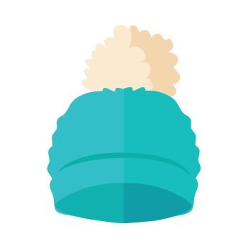 Warm blue hat with pompon vector. Flat design. . Warm Hat with Pompon Flat Design Illustration. Warm Hat with Pompon Flat Design Illustration