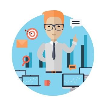 Business Training Concept. Business training at office banner. Banner successful young man with glasses mentor consultant, coaching and shows business charts and graphs. Success growth data information. illustration