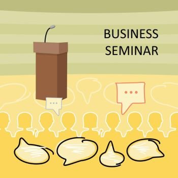 Business Seminar Concept.. Business seminar background. Wooden speaking tribune with microphone on background of full audience hall. Presentation before an audience, audience questions, business seminar concept. Flat design.