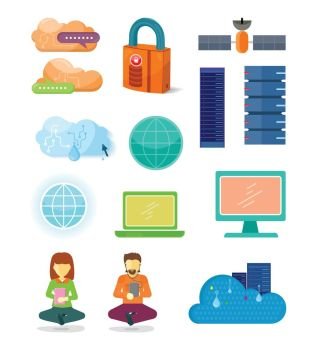 Set of internet icons in flat design. Networking technologies. Server, cloud, laptop, monitor, globe, lock,  satellite, user illustrations for hosting company, cloud services ad. Isolated on white  . Set of Network Technologies Icons in Flat Design  . Set of Network Technologies Icons in Flat Design  